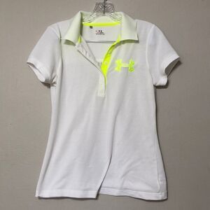 Under Armour Women’s M Medium White and Neon Green Heat Gear SPF 30 Fitted Polo